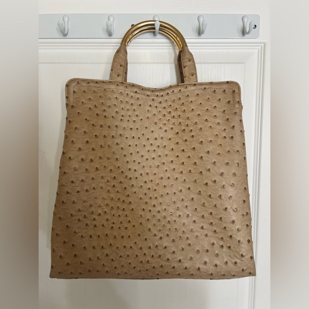 Ivanka Trump Tan Ostrich-Embossed Shoulder Bag with Gold Hardware - Picture 3 of 15